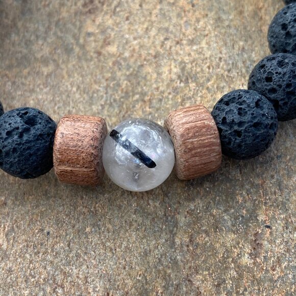 Wanderer and Gatherer Bracelet - Tourmalined Quartz, Bamboo, and Lava SM/SM-MED - Picture 4 of 5